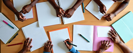 Elementary students top view banner. Kids hands, bright notebooks and neat arrangement suggest organization, teamwork, and active participation in classの素材