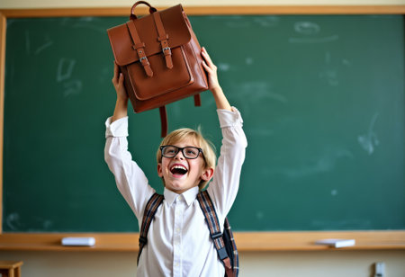 Little student wearing white shirt and glasses. Kid raises leather bag proudly in classroom. Fun of learning and childhood enthusiasm banner. Schoolboy moment of back tp schoolの素材