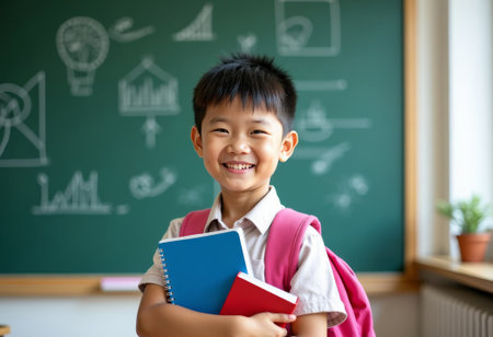 Portrait of cheerful Asian boy at school wearing backpack, holding study supplies in a bright classroom environment. Back to school conceptの素材