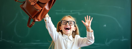 Excited young girl in school uniform lifts her backpack high, standing by the blackboard. Her bright expression and glasses reflect the joy of education and playful school spirit. Study bannerの素材
