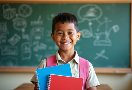 Excited schoolboy in uniform stands in front of chalkboard, proudly holding colorful exercise books. Ideal image for education, childhood, or back-to-school themesの素材