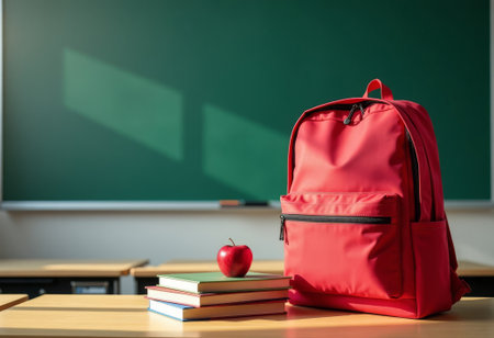 Early morning classroom with sunlight illuminating school essentials. Bright backpack and red apple capture the essence of a typical back-to-school atmosphereの素材