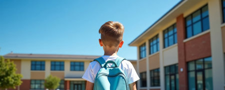 Banner of young student walking alone towards educational institution. A symbolic image of a new beginning and the journey of learning. Schoolboy in front of a schoolの素材