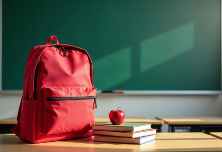 Neatly arranged books and a schoolbag on a desk suggest the start of lessons. Sunlight casts shadows on the chalkboard, adding warmth to the classroom sceneの素材