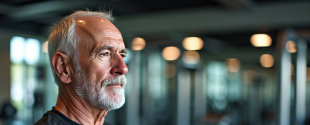 Athletic mature man with a confident smile in a bright gym environment, highlighting vitality, healthy aging, and the inspiring results of consistent training and self-careの素材