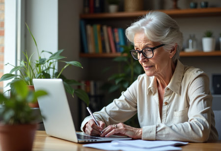 Professional senior female working remotely on laptop, concentrating while taking handwritten notes in a comfortable home office setting. Aged woman study onlineの素材