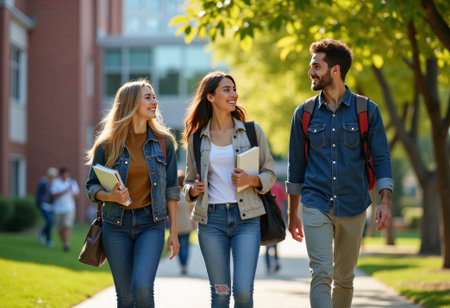 Happy young adults in casual clothes stroll along a tree-lined avenue at college campus, carrying notebooks, talking, and laughing during a sunny fall day, symbolizing education and social lifeの素材