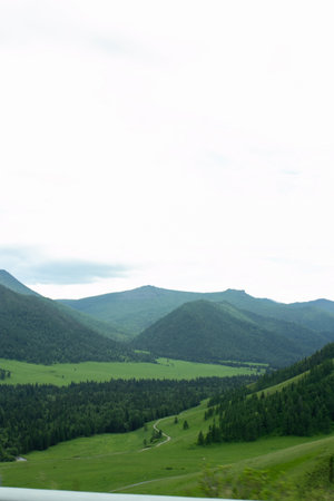 Turquoise waters of the Katun River wind through lush green valleys and rugged cliffs of Altai Mountains beneath cloudy summer sky. Scenic view of Katun River in Altayの写真素材