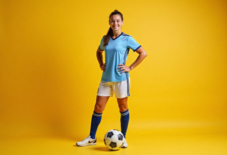 Football woman player studio portrait on yellow background, representing confidence, success, energy, and athletic achievement. Female athlete banner with copy spaceの素材