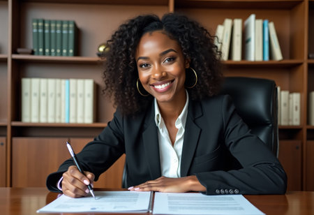 Confident female lawyer in formal suit sitting at desk, woman signing documents with pen, smiling in office interior with bookshelf background. Businesswoman at her workplace tableの素材