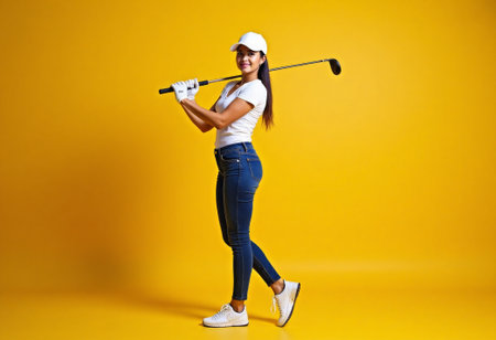 Smiling female golfer posing with club on shoulder against yellow background. Concept of sports lifestyle, elegance, discipline, and athletic spirit. Fit woman posing for bannerの素材