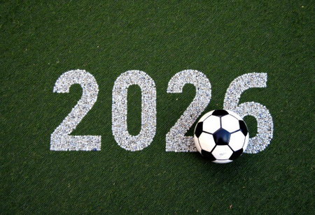 Football match concept for World Cup of 2026, top view of ball on green grass moving slowly on a green field. Sports championship theme showing a soccer ballの素材