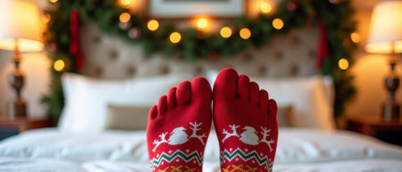 Cozy holiday bedroom with glowing garland and feet in festive socks. Perfect banner for illustrating Christmas joy, relaxation, and seasonal lifestyleの素材