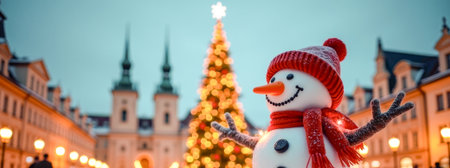 Banner of festive snowman in red scarf and hat standing on snowy city square with blurred Christmas tree lights in background. Xmas holiday mood in old town, winter celebration and joyful atmosphereの素材