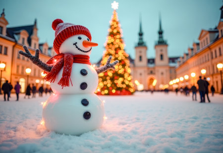 Festive snowman in red scarf and hat standing on snowy city square with blurred Christmas tree lights in background. Xmas holiday mood in old town, winter celebration and joyful atmosphereの素材
