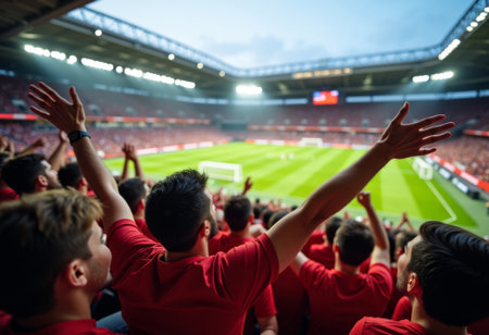 Crowd of football fans waving hands and chanting during live game. Excitement, passion, and emotional support for their team. Cheering people in stadium enjoying soccer event of championshipの素材