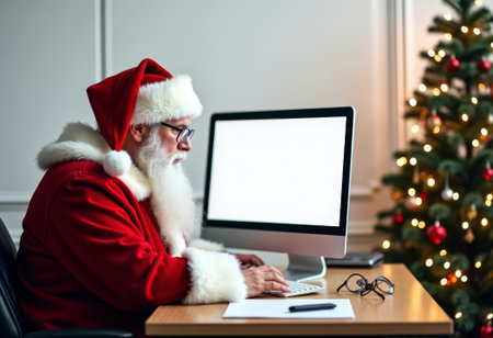 Santa works late, Santa at desk managing holiday workload, Santa busy with Christmas preparations late at night, Santa working diligently at his desk amid holiday decorations and looming deadlinesの素材
