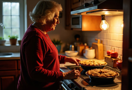 grandma baking pie, elderly woman prepares warm pie, senior lady carefully inspects her freshly baked pie, old white woman tastes and arranges pie in cozy kitchen environmentの素材