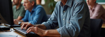Older adults practicing typing in class, hands on keyboards, collaborative training environment, focused teamwork, mentors guiding, laptops and monitors, notes and coffee, career developmentの素材