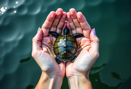 Save tiny turtles, Gentle hands rescue delicate sea turtle, Helping tiny sea turtle with gentle care and safe rescue efforts, Dedicated hands carefully save fragile sea turtle swimming in vast oceanの素材