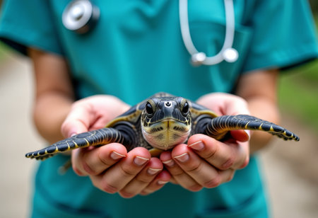 Vet examines turtle, Professional veterinarian gently handling young aquatic turtle during exam, Calm veterinarian in green scrubs examining young aquatic turtle with care and professionalismの素材