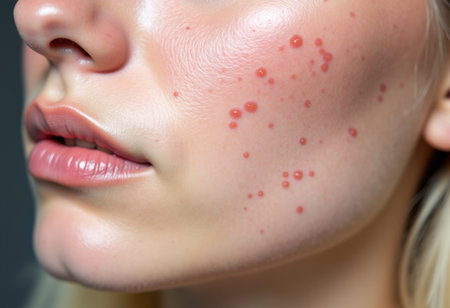 detailed skin rash, magnified view of skin lesions, closeup image highlighting skin textures and lesions, highresolution closeup capturing skin rash with intricate textures and lesion patternsの素材