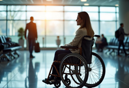 woman in wheelchair at airport, woman in wheelchair waiting for flight at sunny airport terminal, accessible travel scene featuring woman in wheelchair awaiting flight at sunny airport terminalの素材