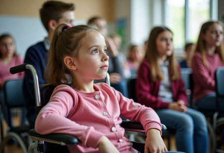 girl with wheelchair in class, girl using wheelchair focuses attentively on teacher amidst colorful desks, girl sitting in wheelchair actively participating in inclusive classroom environmentの素材