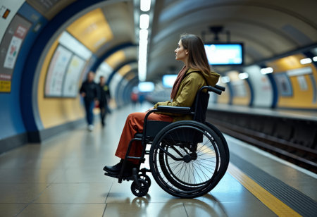 inclusive transit available, accessible metro with wheelchair user, wheelchair user waits in accessible transit area, accessible metropolitan transport facilitates waiting for passengersの素材
