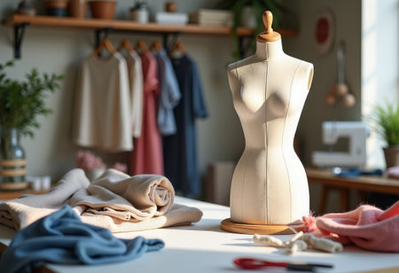 garment creation with mannequin and fabrics, sewing workshop showcasing mannequin with tailoredの素材