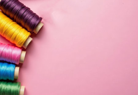 pastel threads evoke calm, arrangement of pastel threads along pink background inspires calm moodの素材