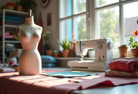 sunny sewing space, bright studio with sewing essentials, lightfilled tailoring studio with fabricsの素材