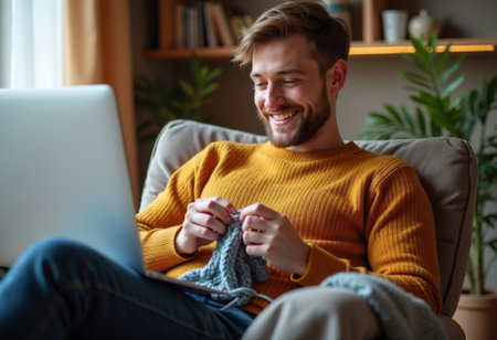 skilled knitter personally testing different color options for cozy sweaters at home, an experienced knitter is individually experimenting with variety of hues for comfortable sweaters at homeの素材