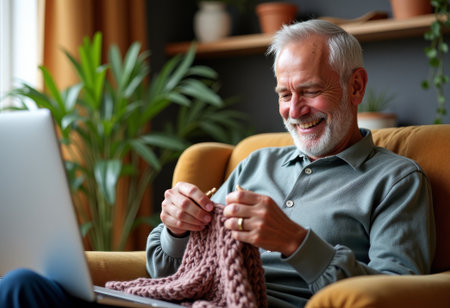 senior leads community knitting workshop, older gentleman organizes friendly knitting gathering, elderly man actively participates by organizing and leading friendly knitting event at his residenceの素材