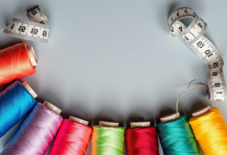 bright spools and measuring tape, colorful sewing materials arranged on neutral backgroundの素材