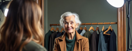 Elderly fashion shoot, Senior woman modeling session, Senior woman posing professionally for fashion campaign shoot, Elderly female model styled confidently in professional studio for brand promotionの素材
