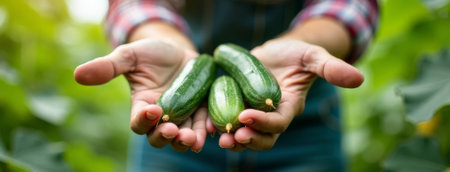 hands presenting three fresh cucumbers from vine, glossy green skin, compact produce perfect for salads, closeup of palms and plant leaves, small-scale grower pride, crisp texture visibleの素材