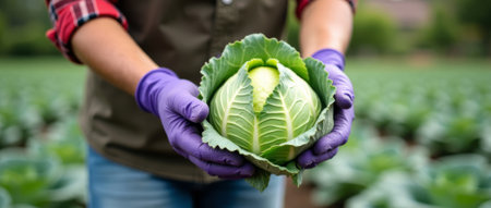 picking green cabbage outdoors, hands in purple gloves hold freshly harvested cabbage, outdoor vegetable patch scene with gardener holding freshly picked green cabbage in soft morningの素材