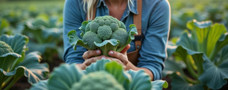 hands cradling fresh broccoli head in organic vegetable plot, denim sleeves visible, textured green florets, chef buyer quality check, morning dew on leaves, closeup farm-to-table mood,の素材