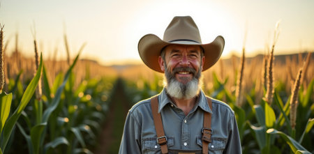 farmer at sunset, rural farmer captured with sunset glow, closeup of motivated farmer during sunset in cornfield, detailed closeup of selfassured farmer standing in lush cornfieldの素材