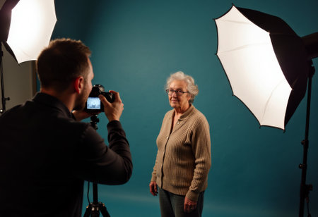 Elderly caucasian woman in photo studio softbox and umbrella lighting, photographer framing closeup, teal backdrop, cozy sweater, gentle smile, candid expression capturing warmth and legacy for familyの素材