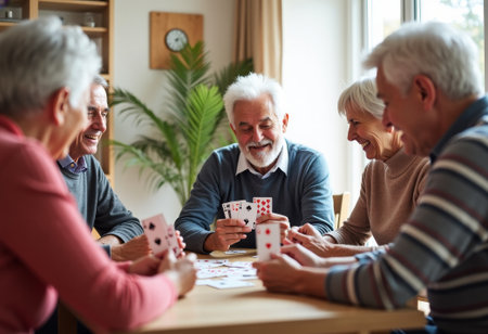 Senior friends enjoy card games together, Elderly friends participate in friendly cardplaying activities jointly and happily, Group of senior friends engaging in cheerful and friendly card gameの素材