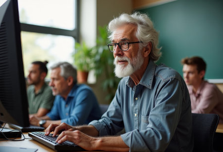 Elderly man acquires agtech skills, Elderly Caucasian man confidently engages with farm planning tools, Elderly Caucasian man enhances farming techniques through advanced agtech training sessionの素材