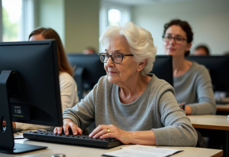 Senior learns digital skills, Retired farmer woman improves computer skills with supportive peers, Elderly Caucasian woman engaged in digital literacy workshop with instructor and peers in warmの素材