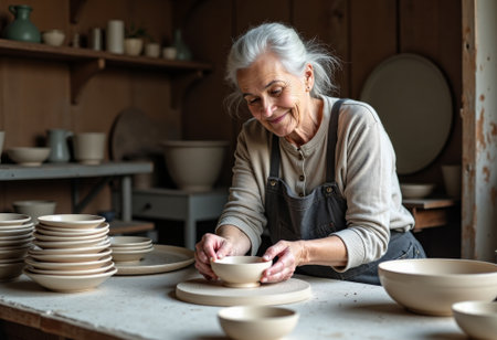 Senior potter shaping clay bowl on wheel, focused hands smoothing rim, shelves stacked with bisque, warm studio light, earthy palette, tactile textures, intimate portrait of maker preserving craftの素材