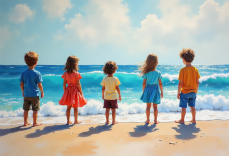 Young kids play happily on sandy shores, Children joyfully experience warm sunshine while playing at seaside, Kids love spending joyful sunny days playing happily along sandy beaches by seasideの素材