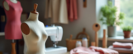 Comprehensive showroom setup featuring mannequins dressed in various clothing options. Mannequin with clothes in background. Sewing atelier banner with copy spaceの素材