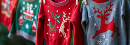 Close up Christmas sweater, closeup shot showcasing intricate knitted sweater texture, detailed closeup of reindeer knit pattern emphasizing craftsmanship and warm tonesの素材