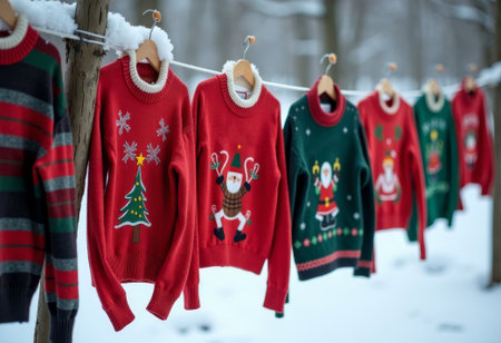 Christmas knitted sweaters hanging on a clothesline outside in winter. Xmas festive gifts for family. Knitting clothing. Holiday timeの素材