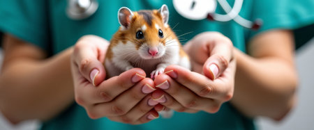 Vet handles hamster cautiously and kindly, Vet carefully and compassionately examines hamster with gentle touch, Veterinarian gently handles and examines small hamster with utmost care and kindnessの素材